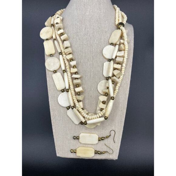 Vintage Bone Multi-strand Necklace Matching Pierced Earrings Individual Beads - Picture 1 of 8